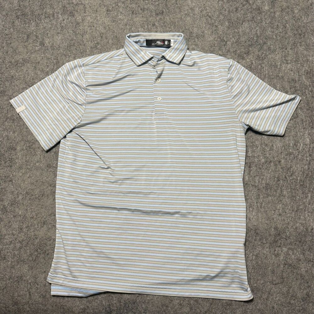 Ralph Lauren RLX Mens Polo Shirt Size L Grey Blue Striped Performance Button Up